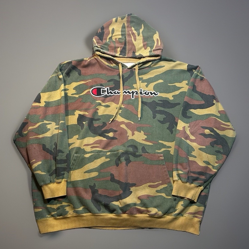 Champion Camo Hoodie Sweatshirt Men's 4XL Big Logo Pullover Green Brown